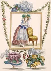 デュハメルの彫刻が施された、エレガントな帽子をかぶったドレスの女性、「Galeries des Modes et Costumes Francais」c.1778-87からのプレートno.235